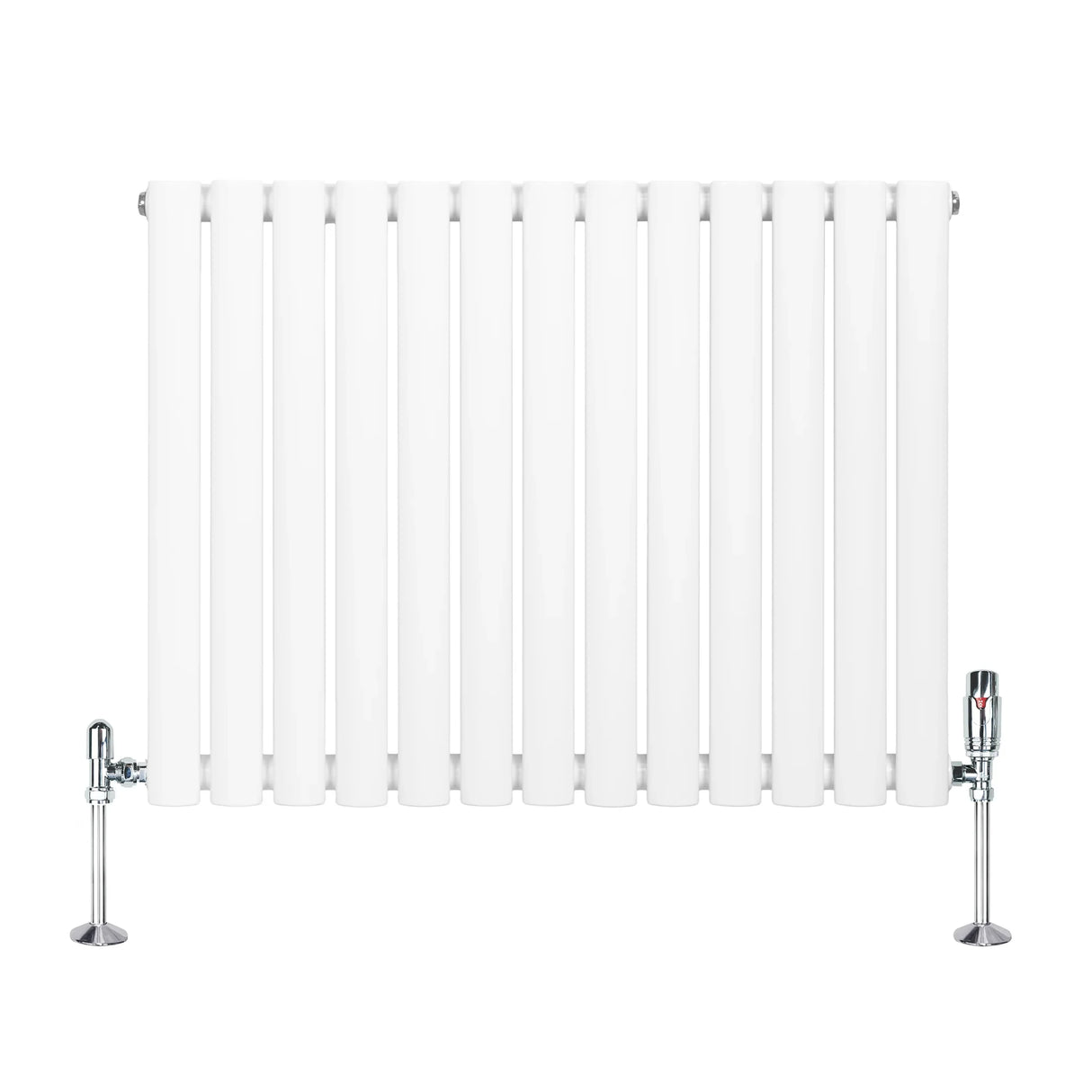 Oval single column radiator in white, featuring vertical bars, sleek chrome valves, and a modern design, measuring 600mm x 780mm