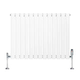 Oval single column radiator in white, featuring vertical bars, sleek chrome valves, and a modern design, measuring 600mm x 780mm