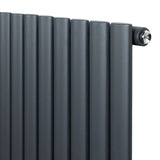 Oval single column radiator in anthracite grey, featuring sleek, rounded tubes and a polished valve for modern heating solutions