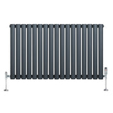 Oval single column radiator in anthracite grey, featuring sleek vertical bars and chrome valves, ideal for modern interiors
