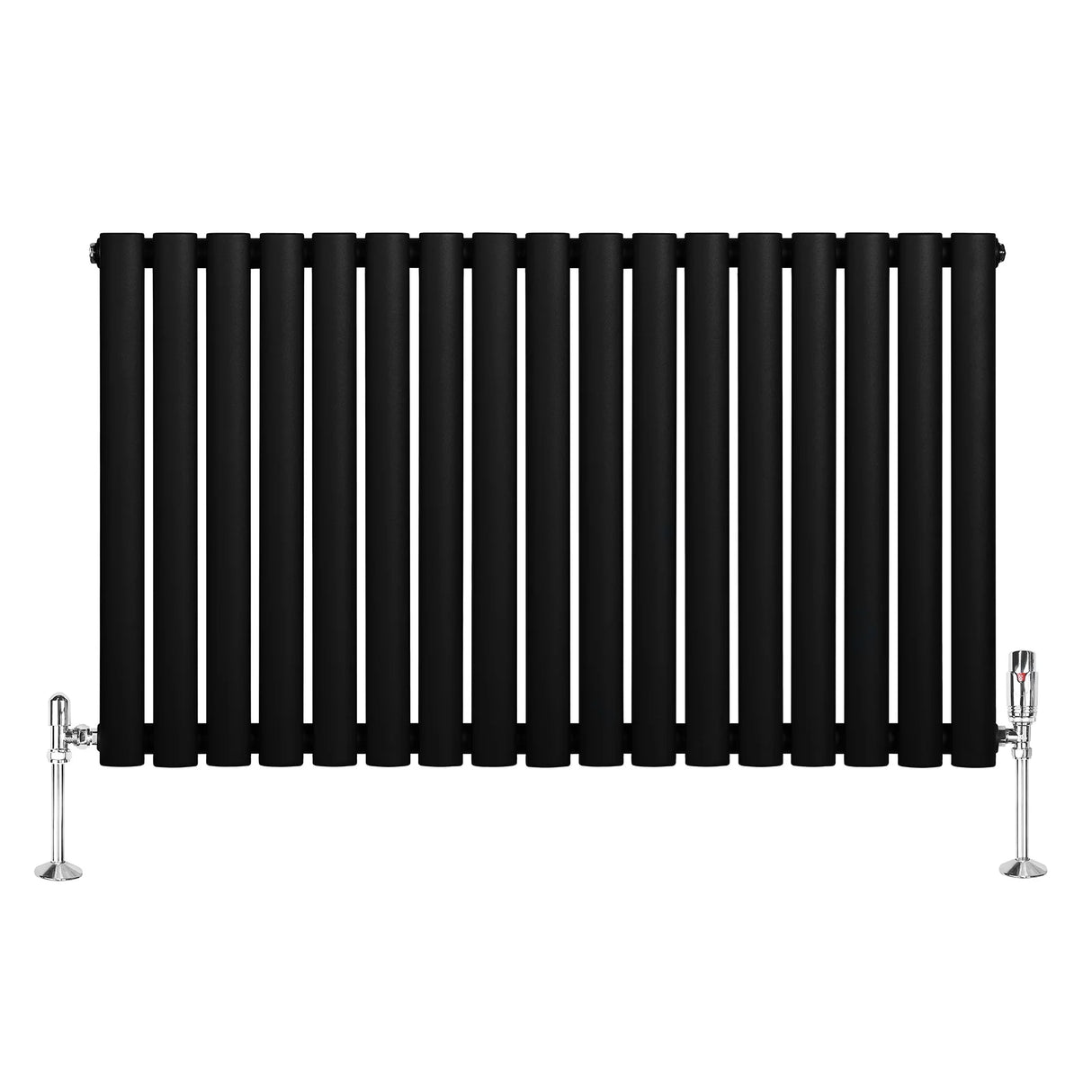Sleek black oval single column radiator with polished chrome valves, measuring 600mm x 1020mm, featuring a modern design