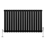 Sleek black oval single column radiator with polished chrome valves, measuring 600mm x 1020mm, featuring a modern design