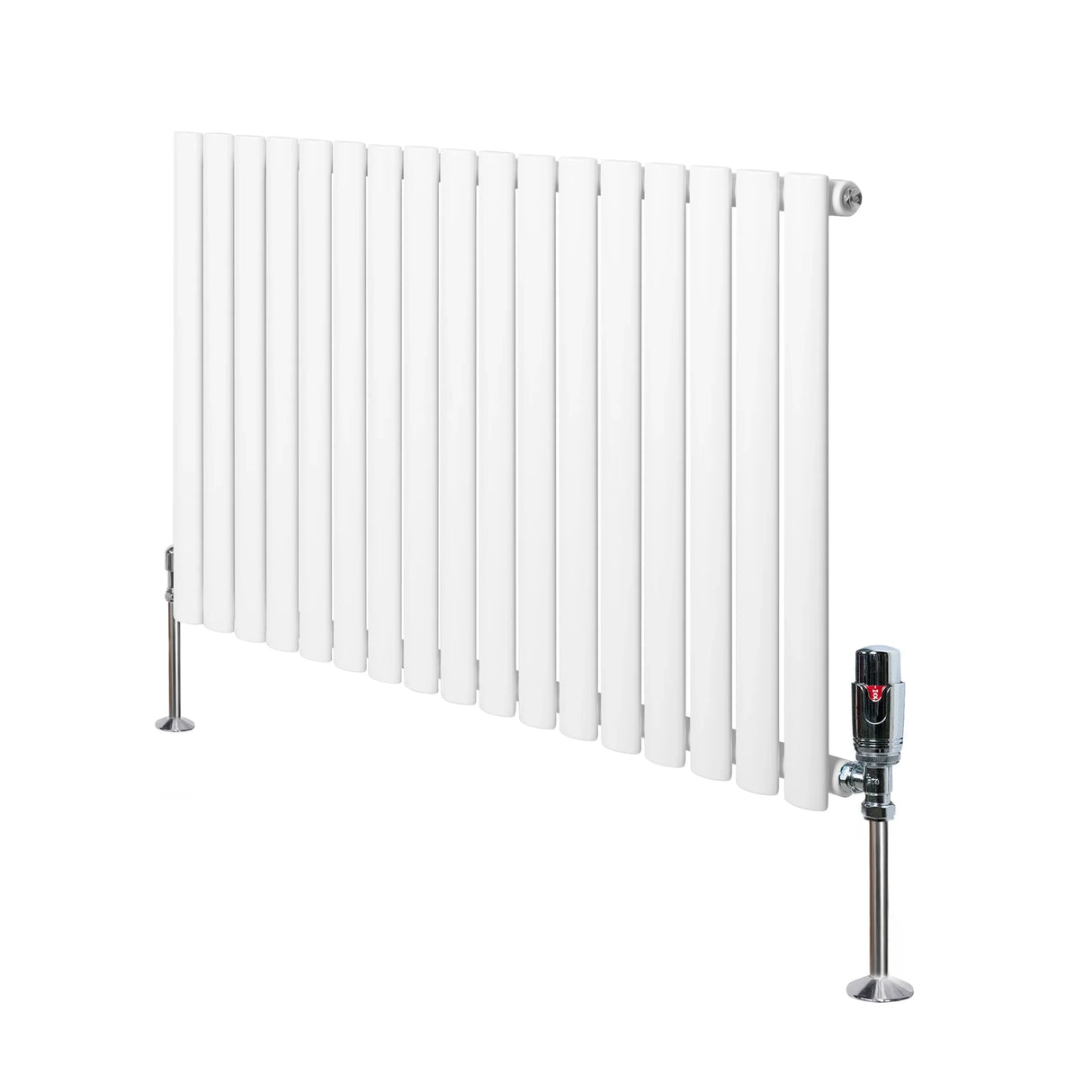 Oval single column radiator in white, 600mm x 1020mm, featuring sleek vertical fins and chrome valves for modern heating solutions