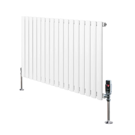 Oval single column radiator in white, 600mm x 1020mm, featuring sleek vertical fins and chrome valves for modern heating solutions