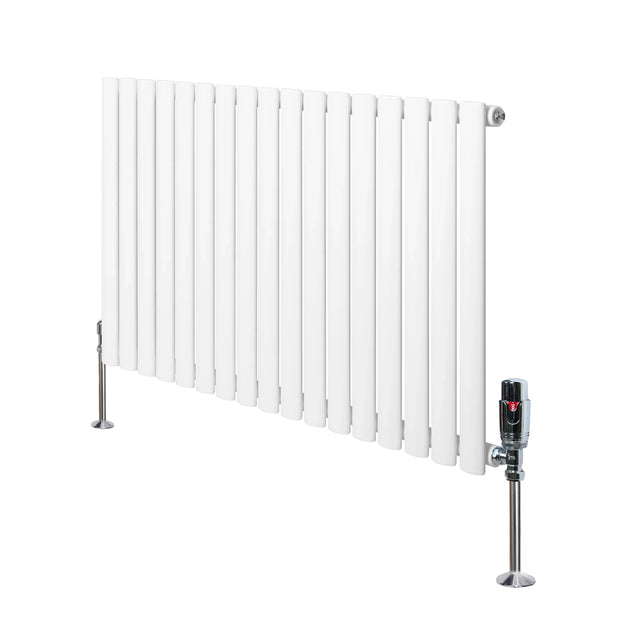 Oval single column radiator in white, 600mm x 1020mm, featuring sleek vertical fins and chrome valves for modern heating solutions