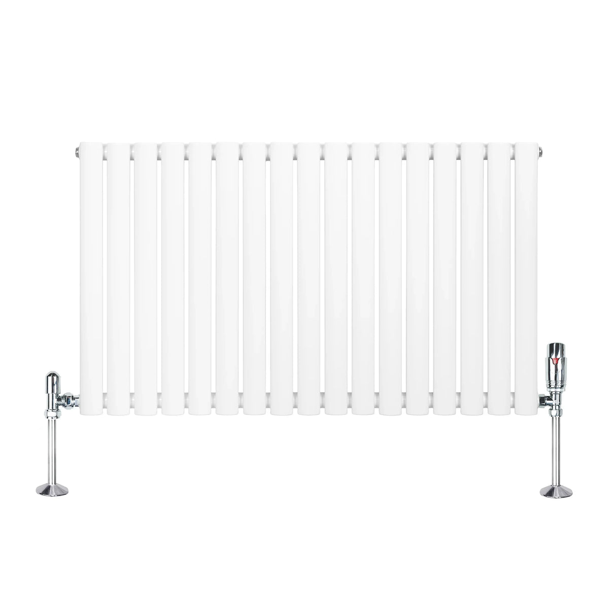 Oval single column radiator in white, 600mm x 1020mm, featuring sleek vertical bars and chrome valves for modern heating solutions