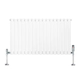 Oval single column radiator in white, 600mm x 1020mm, featuring sleek vertical bars and chrome valves for modern heating solutions