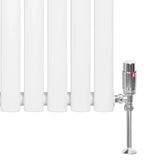 White oval single column radiator with sleek design, featuring polished chrome valve and sturdy base, ideal for modern interiors