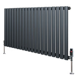 Oval single column radiator in anthracite grey, 600mm x 1200mm, featuring a sleek design with vertical tubes and stylish valves