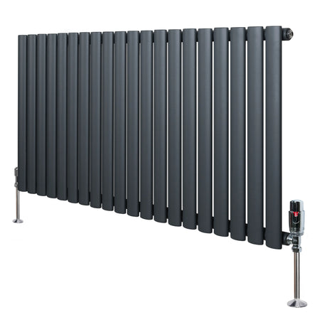 Oval single column radiator in anthracite grey, 600mm x 1200mm, featuring a sleek design with vertical tubes and stylish valves