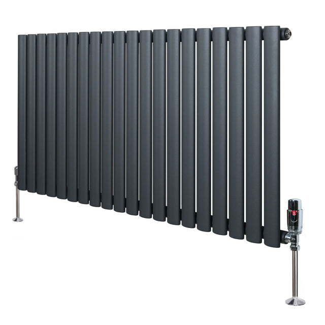 Oval single column radiator in anthracite grey, 600mm x 1200mm, featuring a sleek design with vertical tubes and stylish valves