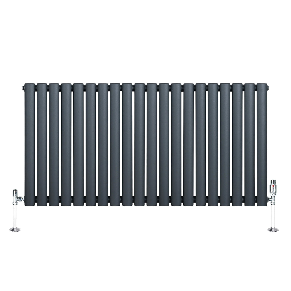 Oval single column radiator in anthracite grey, featuring sleek vertical bars and chrome valves, ideal for modern interiors
