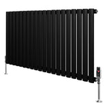 Sleek black oval single column radiator with polished valves, measuring 600mm x 1200mm, featuring a modern design and smooth finish