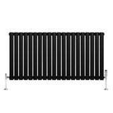 Sleek black oval single column radiator with polished chrome valves, featuring a modern design and smooth, matte finish