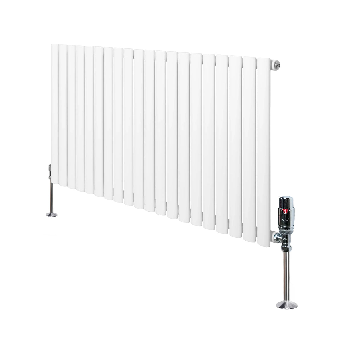 Oval single column radiator in white, 600mm x 1200mm, featuring sleek vertical panels and modern valves for efficient heating