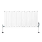 White oval single column radiator with sleek vertical fins and chrome valves, measuring 600mm x 1200mm, ideal for modern interiors
