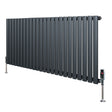 Oval single column radiator in anthracite grey, 600mm x 1440mm, featuring sleek vertical bars and modern valve design