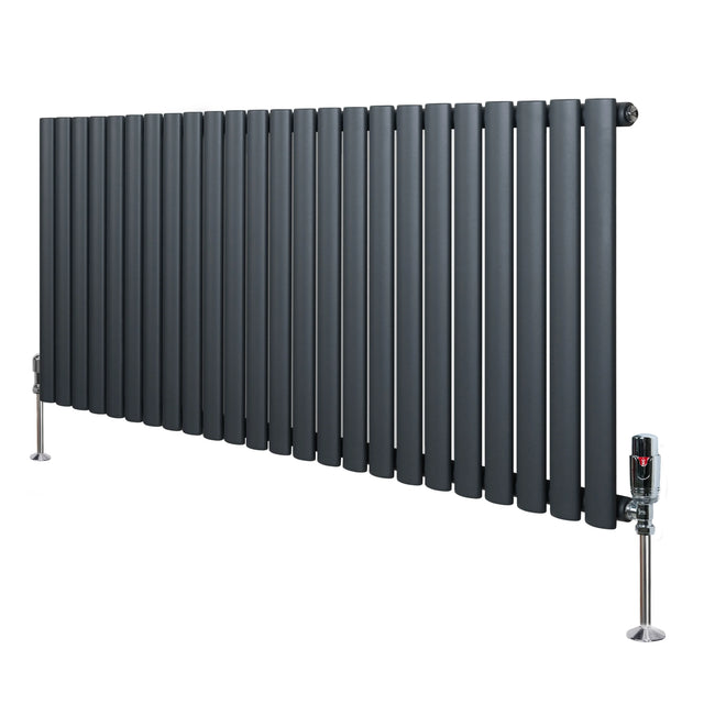 Oval single column radiator in anthracite grey, 600mm x 1440mm, featuring sleek vertical bars and modern valve design