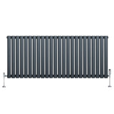 Oval single column radiator in anthracite grey, 600mm x 1440mm, featuring sleek vertical bars and chrome valves for modern decor
