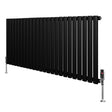 Sleek black oval single column radiator with a modern design, featuring vertical bars and stylish valves, measuring 600mm x 1440mm