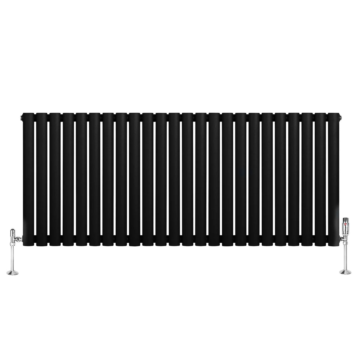 Sleek black oval single column radiator with polished chrome valves, measuring 600mm x 1440mm, featuring a modern design and smooth finish
