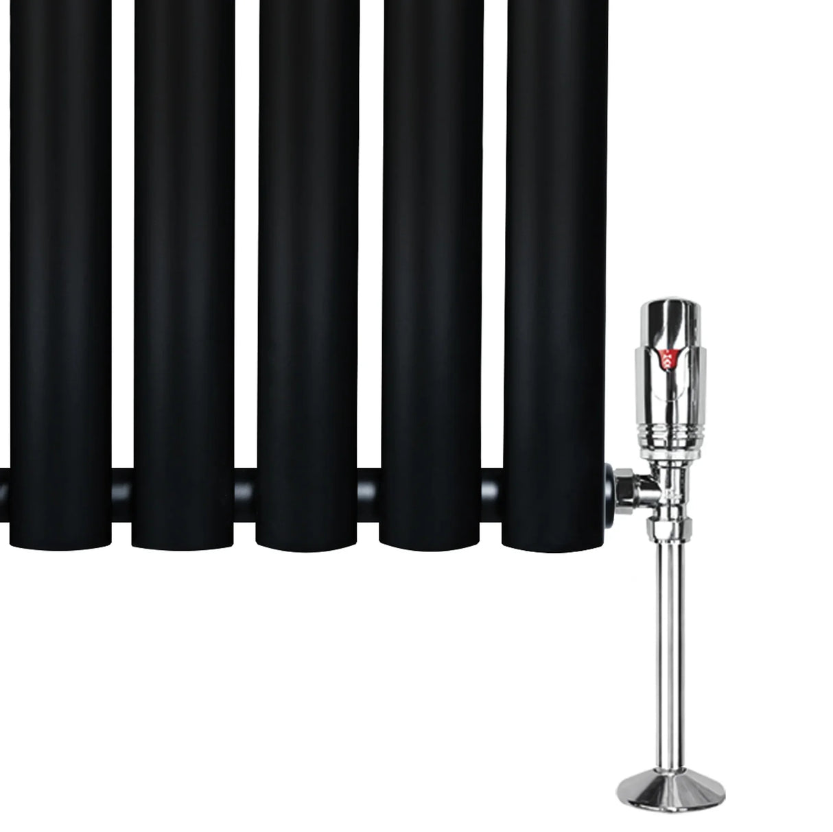 Sleek black oval single column radiator with polished chrome valves, measuring 600mm x 1440mm, showcasing a modern design