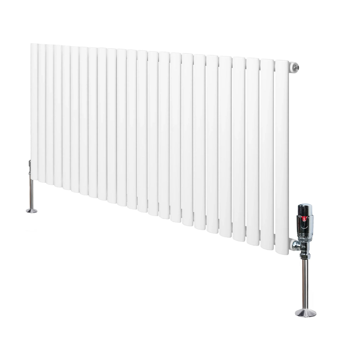 Oval single column radiator in white, 600mm x 1440mm, featuring sleek vertical fins and chrome valves for modern heating solutions
