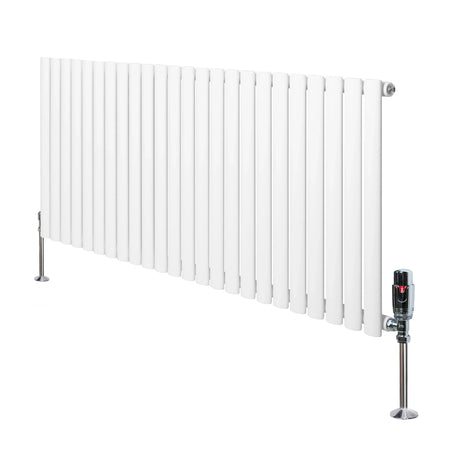 Oval single column radiator in white, 600mm x 1440mm, featuring sleek vertical fins and chrome valves for modern heating solutions