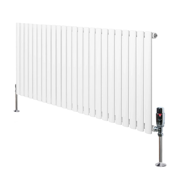 Oval single column radiator in white, 600mm x 1440mm, featuring sleek vertical fins and chrome valves for modern heating solutions