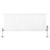 Oval single column radiator in white, 600mm x 1440mm, featuring sleek vertical bars and chrome valves for modern heating solutions