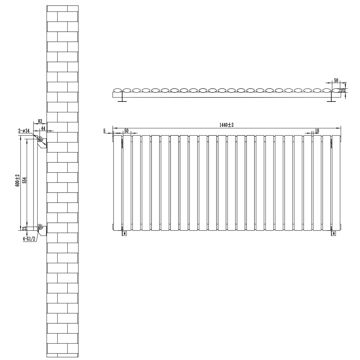 Oval single column radiator in white, dimensions 600mm x 1440mm, showcasing a sleek design with vertical lines and mounting details