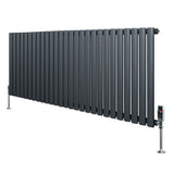 Oval single column radiator in anthracite grey, 600mm x 1620mm, featuring sleek vertical bars and modern valve design