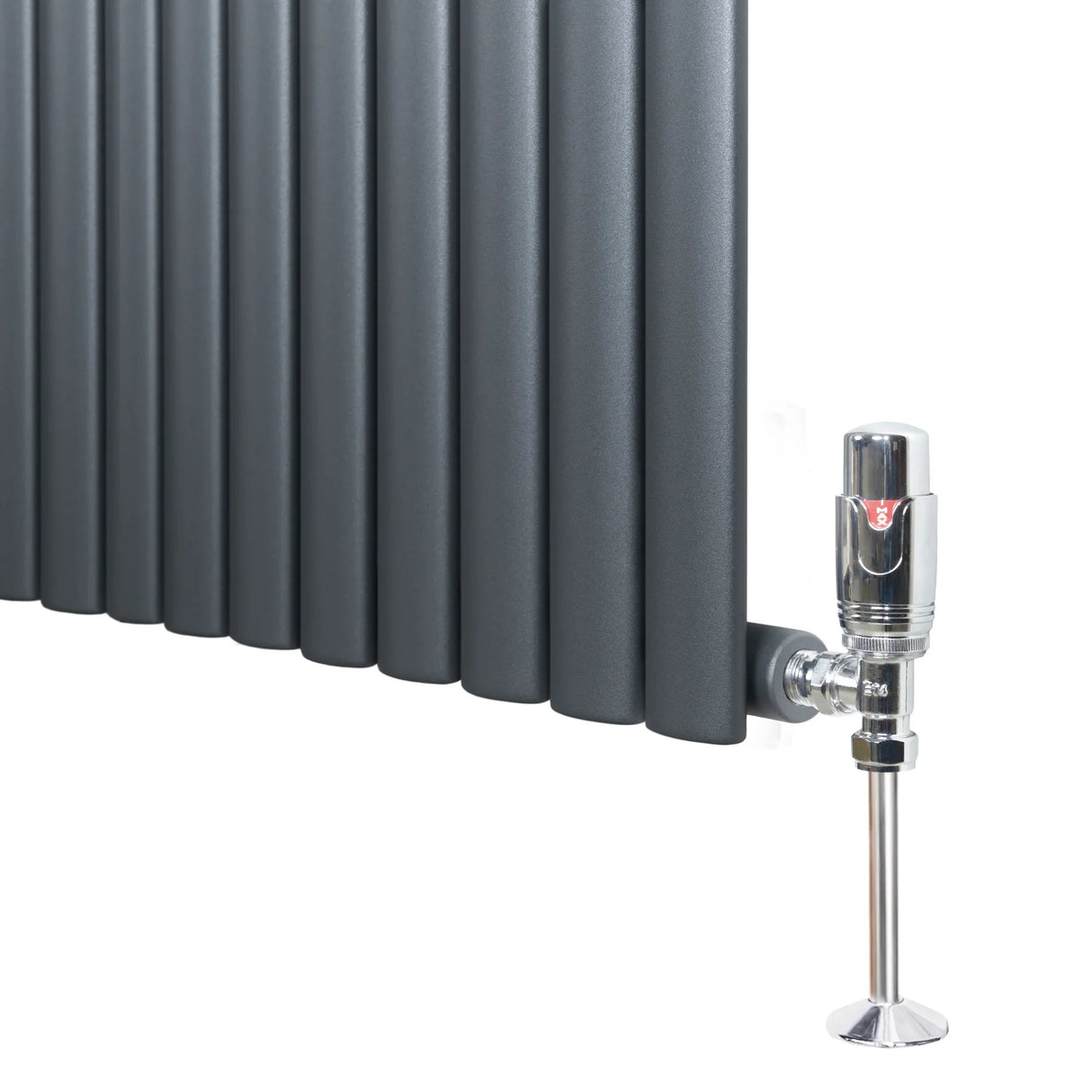 Oval single column radiator in anthracite grey, featuring sleek vertical panels and a chrome valve for modern heating solutions