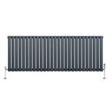 Oval single column radiator in anthracite grey, 600mm x 1620mm, featuring sleek vertical bars and chrome valves for modern decor