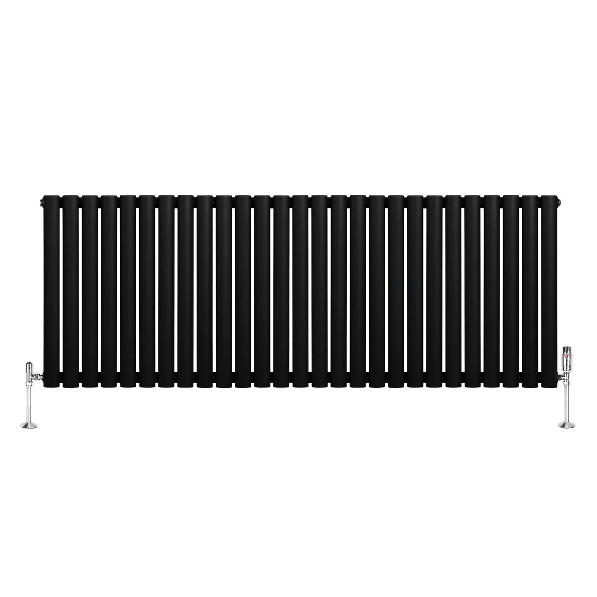 Sleek black oval single column radiator with polished chrome valves, measuring 600mm x 1620mm, featuring a modern design and smooth texture
