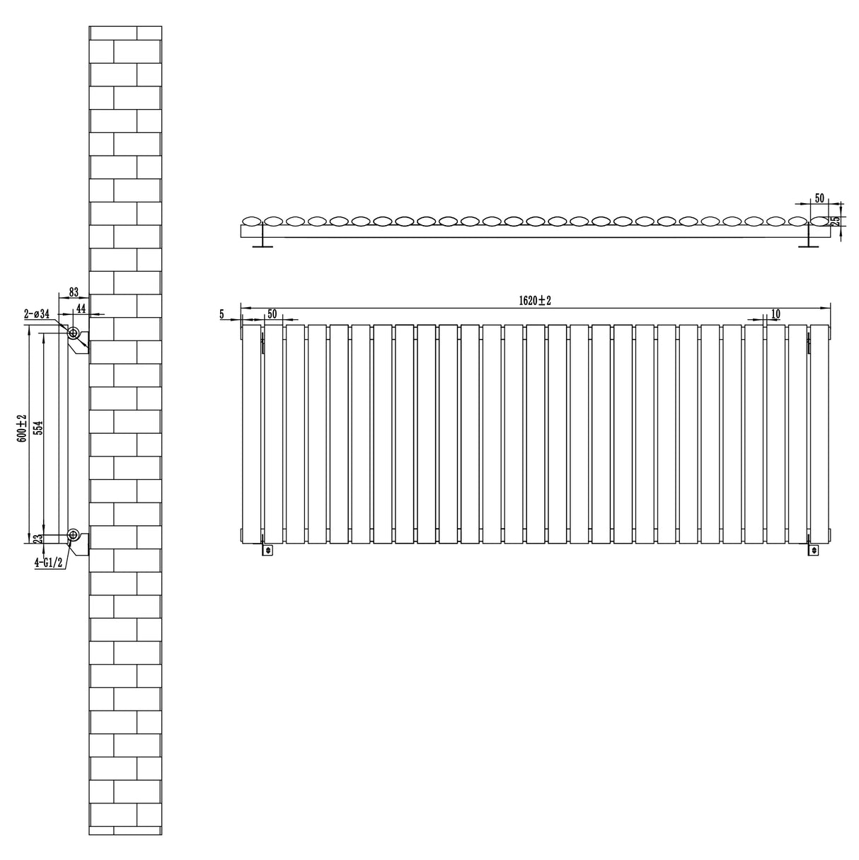 Black oval single column radiator with precise dimensions, showcasing sleek lines and a modern design, ideal for stylish heating solutions