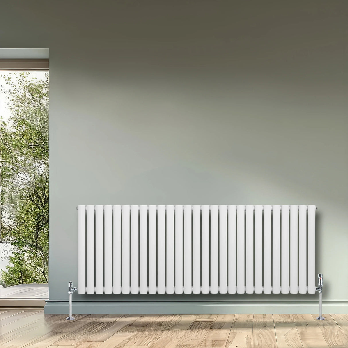 Oval single column radiator in white, measuring 600mm x 1620mm, featuring sleek vertical bars and chrome valves, set against a light wall
