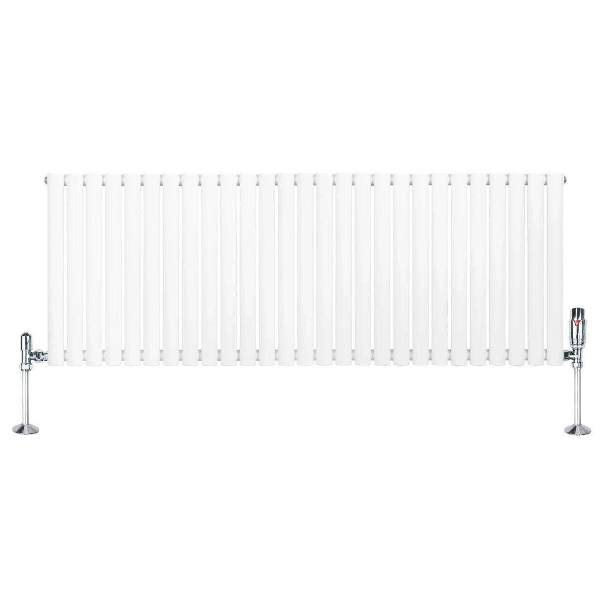 Oval single column radiator in white, 600mm x 1620mm, featuring sleek vertical bars and chrome valves for modern heating solutions