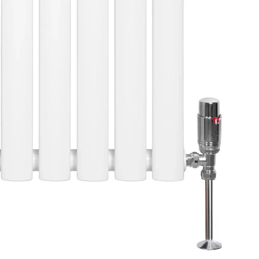 White oval single column radiator with sleek design, featuring polished chrome valves and a smooth, modern finish