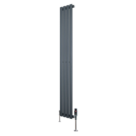 Oval single column radiator in anthracite grey, 1600mm x 240mm, featuring sleek vertical lines and modern valve design