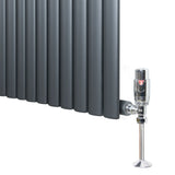 Oval single column radiator in anthracite grey, featuring sleek vertical panels and a polished valve for modern heating solutions