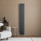Anthracite grey oval single column radiator with sleek vertical design, complemented by chrome valves, set against a warm beige wall