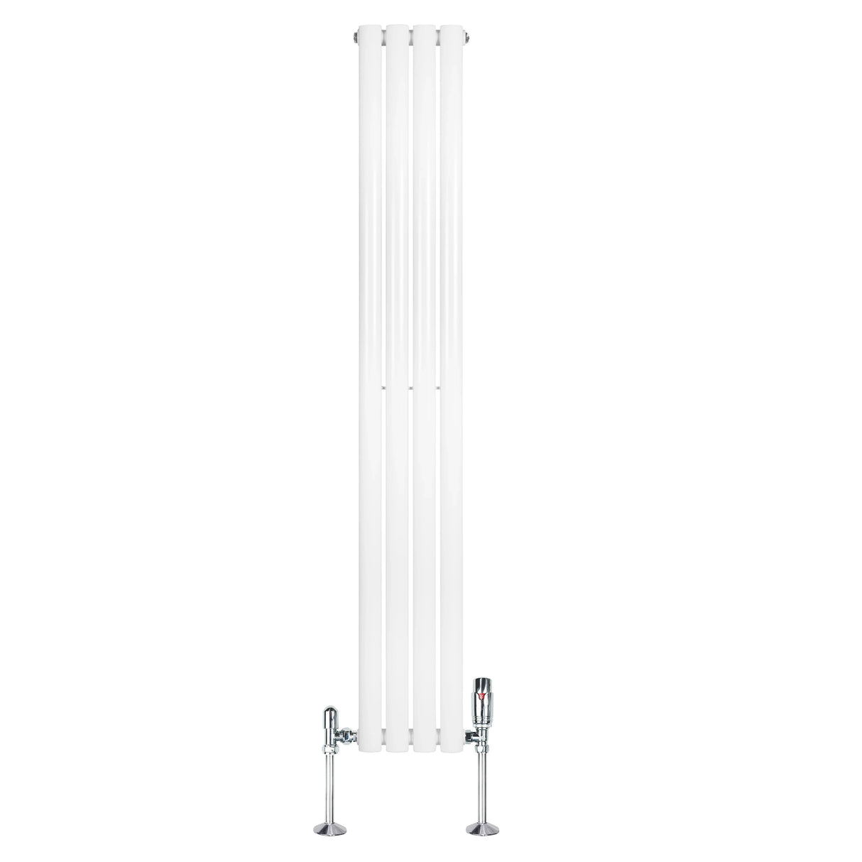 Oval single column radiator in white, 1600mm x 240mm, featuring sleek vertical lines and chrome valves for modern heating solutions