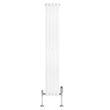 Oval single column radiator in white, 1600mm x 240mm, featuring sleek vertical lines and chrome valves for modern heating solutions