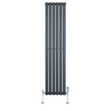 Oval single column radiator in anthracite grey, measuring 1600mm x 360mm, featuring sleek vertical lines and chrome valves