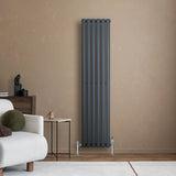 Anthracite grey oval single column radiator with sleek vertical lines, complemented by modern valves, set against a warm-toned wall
