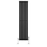 Sleek black oval single column radiator with vertical bars, measuring 1600mm x 360mm, complemented by chrome valves