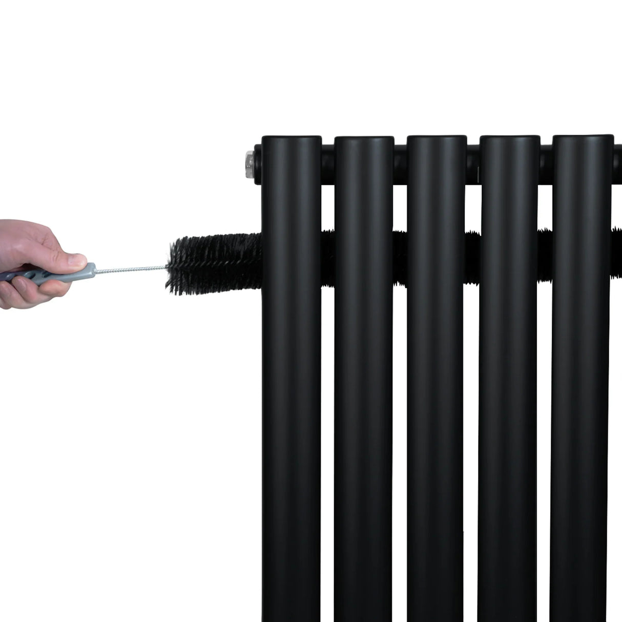 Sleek black oval single column radiator with smooth texture, showcasing a hand cleaning it with a brush for maintenance