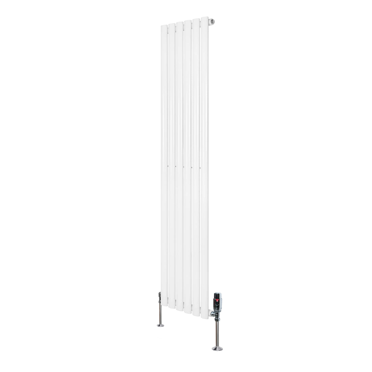 Oval single column radiator in sleek white finish, measuring 1600mm x 360mm, featuring modern design and chrome valves