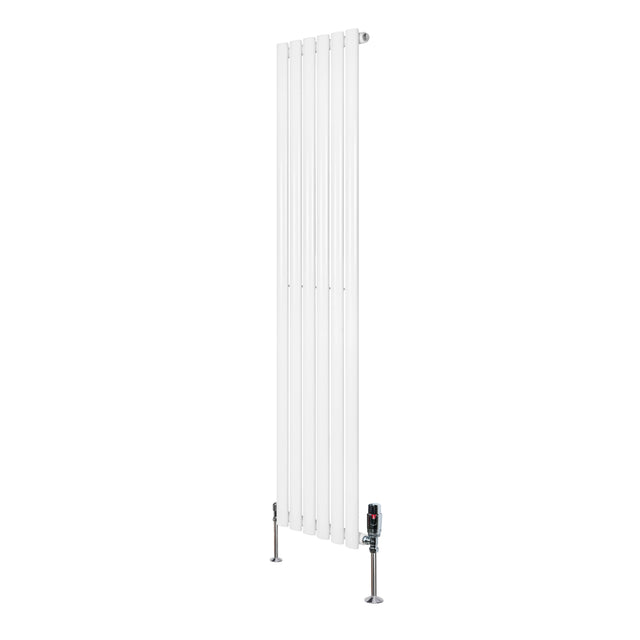 Oval single column radiator in sleek white finish, measuring 1600mm x 360mm, featuring modern design and chrome valves